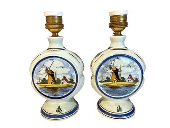 A Pair Of Vintage Hand Painted Multicolored Windmill Motif Delft Lamps (F)