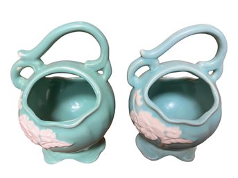 Pair Of Vintage Weller Gathering Basket Vases With Dogwood Relief - Robin's Egg Blue / Green 1940's Era