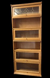 Floor To Ceiling Barrister Oak Book Case 6 Sections Top Has Decorative Lead Glass Panel
