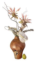 Spectacular Artist Signed Burl Cherry Vase With Ikebana Flower Arrangement