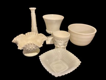 6 Pieces Of Milk Glass Bowls And Vases