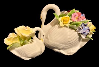 Pair Of Graceful Swans With Flowers