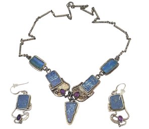 Sterling Silver Lapis Neckpiece With Matching Earrings
