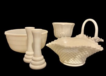 6 Milk Glass Items Basket Vase And A Matching Pair Too!