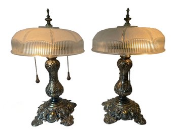 Pair Of Vintage Ornate Heavy Brass Lamps - Nightstand Or Desk