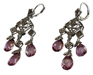 14K White Gold And Pink Drop Pierced Earrings