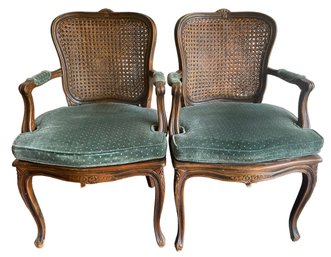 Pair Of Vintage French Provincial Cane Chairs With Upholstery