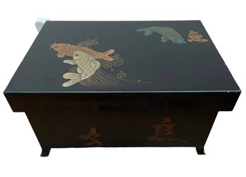 Asian Black Lacquer 'Good Luck' Trunk / Table With Carved Koi Fish