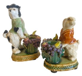 Antique Majolica Dog And Rabbit Candle Holders By Maria H. Rahmer