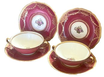 Antique Set Of Eleven Black Knight Hohenberg Bavaria China Handled Cream Soup Bowls & Under Plates