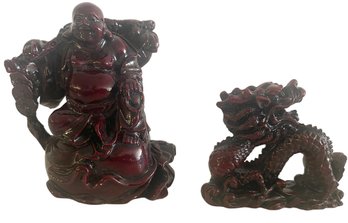 Vintage Chinese Red Resin 'Good Luck Dragon' & Buddha Figurines