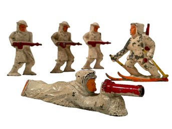 Set Of Five Vintage WWI Toy Soldiers Made Of Lead, Wearing Snow Uniforms