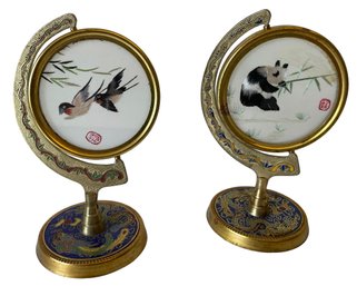 Pair Of Double Sided Chinese Embroidery Ornaments On Cloisonne Stands