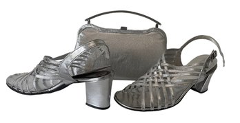 Vintage Ladies Silver Strappy Sandals And Evening Handbag