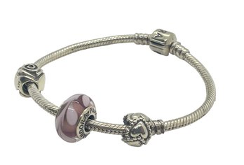 Pandora Moments Sterling Snake Chain Bracelet -  With 3 Charms