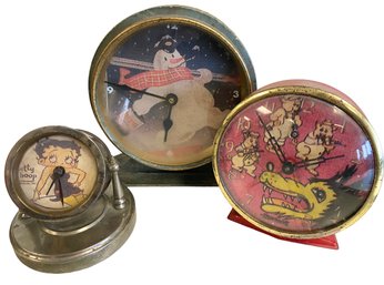 Trio Of Vintage Character  Alarm Clocks - Betty Boom,  Frosty The Snowman, Three Little Pigs