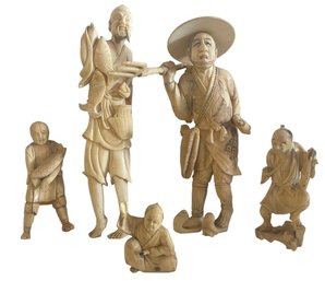 Five Antique Carved Bone Chinese Figures