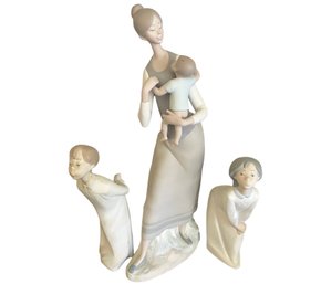 Three Vintage Lladro Figurines -'Mother And Child'  And Boy And Girl 'kissing'