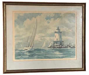 Watercolor Painting By Listed Artist Y.E. Soderberg (American, 1896 - 1971) Sailboat And Lighthouse