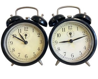 Two Vintage Black Metal Alarm Clocks