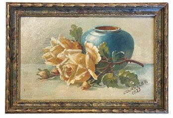 Antique Oil On Canvas ' Still Life Of Yellow Roses' By Ellen Gler