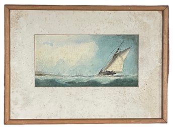 Small Antique Watercolor Of Boat On The Coast