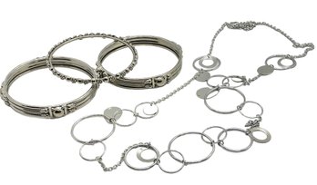 Silver Toned Necklace And Bangle Bracelets - 4 Pieces