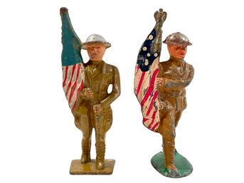 Set Of Two Vintage WWI Toy Soldiers Made Of Lead - Flag Bearers