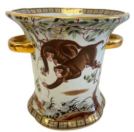 Mid Century Chinese Porcelain Handled Vase With Monkeys