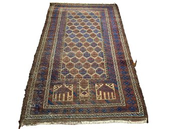 Antique Afghan Belouch (Baluchi) Prayer Rug With Hands Woven Into The Corners, Rare