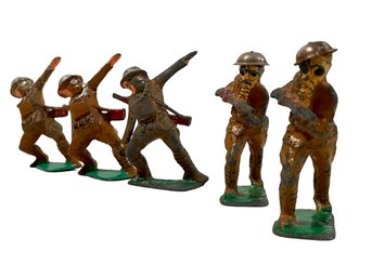 Set Of Five Vintage WWI Toy Soliders Made Of Lead, Wearing Gas Masks