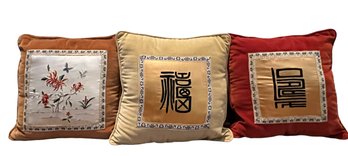 Three Embroidered Velvet Backed Throw Pillows