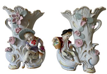 Vintage Pair - Porcelain & Bone China Boy & Girl Sitting On A Shoe