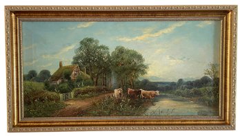 Antique Oil On Canvas Pasture Scene  By O. Thomas (AH7)
