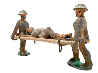 RARE! Set Of Three Vintage WWI Toy Soldiers Made Of Lead - Wounded Man Being Carried On Stretcher
