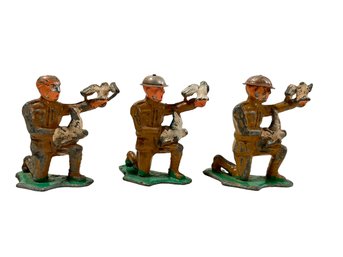 Set Of Three WWI Toy Soldiers Made Of Lead - With Carrier Pigeons