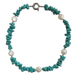 Mid Century Modern Turquoise And Pearl Necklace