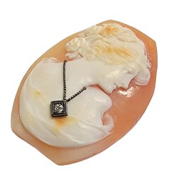 Vintage Hand Carved Cameo With White Gold Chain And Small Diamond On Pendant