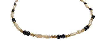 14K Yellow Gold Rice Pearl Necklace With 14K Beads And Onyx Beads