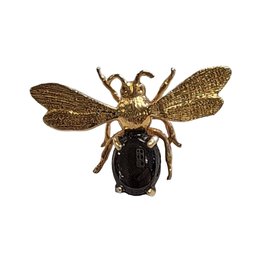 18K Yellow Gold Bee Pin With Black Cabochon Stone