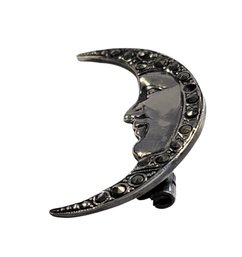 Sterling Silver Marcasite Moon Pin Art Deco