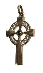 10k Yellow Gold Cross With White And Green Stones