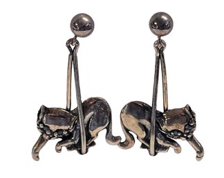 Sterling Silver Marcasite Cat Dangle Earrings Vintage