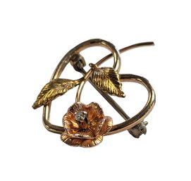Krementz Heart Pin With Flower And Leaves ByColor Gold Filled