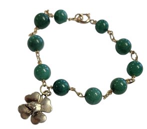 .800 Coin Silver Green Stone Bead Bracelet With 4 Leaf Clover