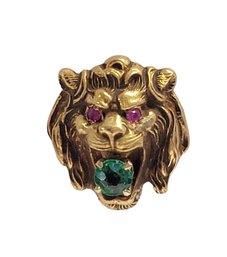 14K Yellow Gold Lion Tie Tac With Ruby Eyes And Emerald In Mouth