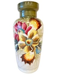 Vintage Antique Art Glass Vase Milk Glass With Enamel Painted Decoration