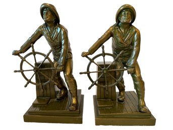 Beautiful Pair Of Vintage Ship Captain Sailor Patinated Metal Bookends Made By Jennings Brothers