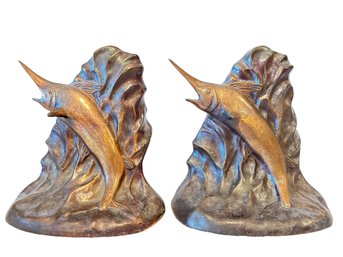 Beautiful Pair Of Vintage Patinated Metal Marlin Bookends, Signed