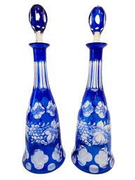 Pair Of Art Glass Cobalt Cut To Clear Decanters Bottles